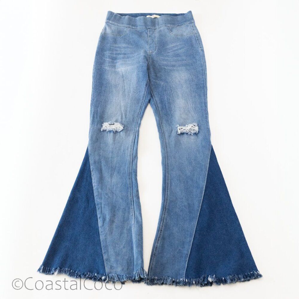 Southern Fried Chics Bell Bottom LARGE Flare Blue Jeans High Waist Stretchy Y2K
